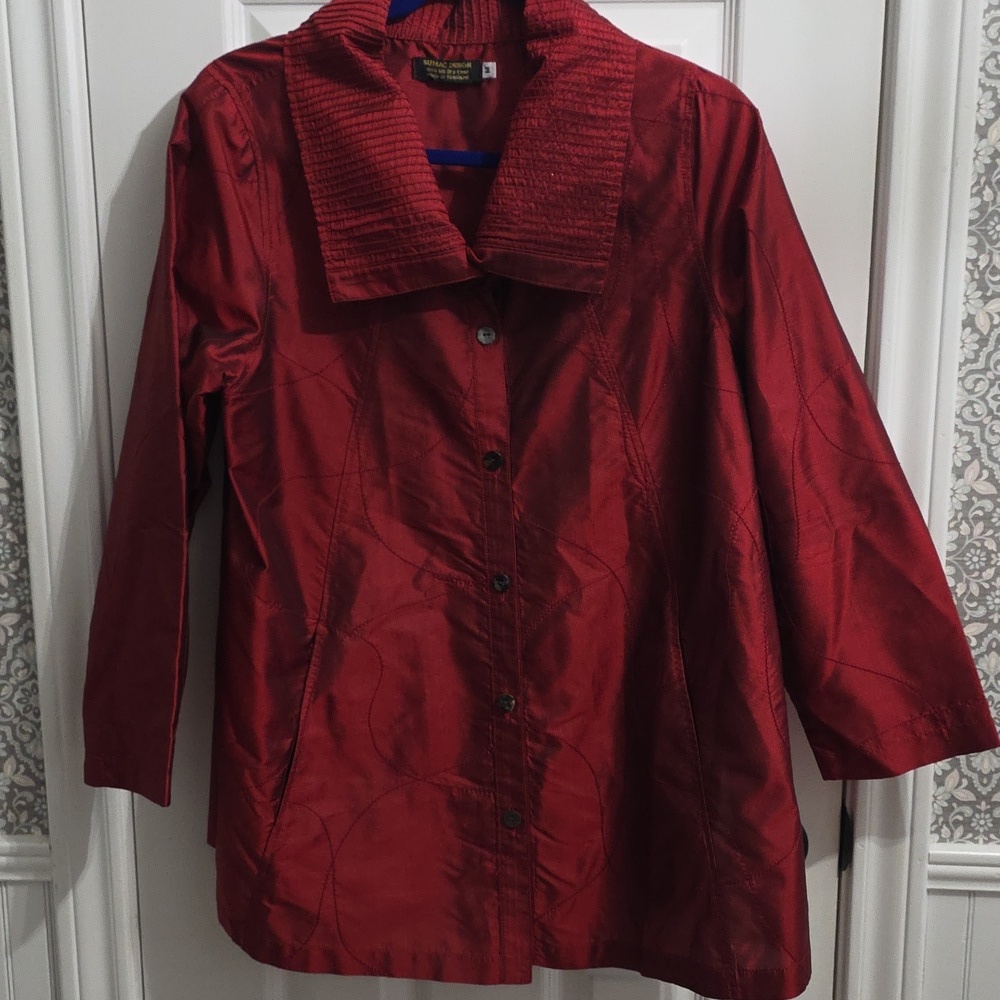 Sumac Design 100% Silk Red Collared Button Down Lightweight Jacket Blouse Medium